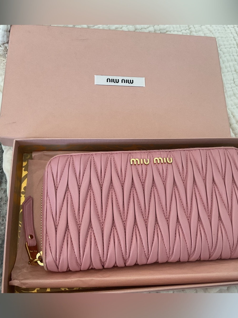 Miu Miu Matelasse Zip Wallet Pink Gold w/ Box